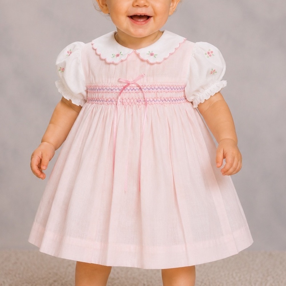 Vintage Cherubs New York Infant Pink Dress Smock Flower Ruffle Rose 24 Months A9
